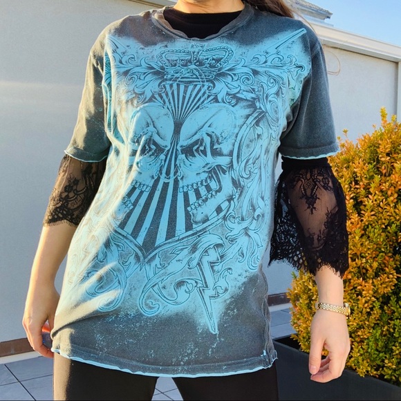 HELIX Tattoo Scull Heart Crown Graphic 3D Patch Shirt L - Picture 7 of 16